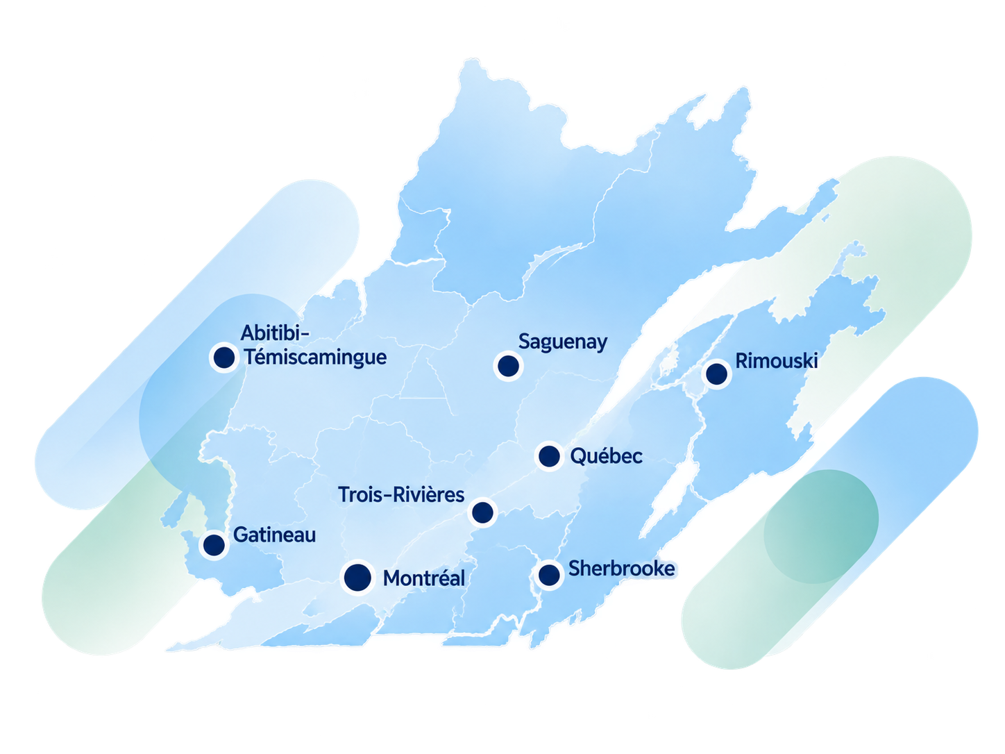 Carte du Québec illustrant la présence de Semiweb dans plusieurs régions : Abitibi-Témiscamingue, Saguenay, Rimouski, Trois-Rivières, Québec, Gatineau, Montréal et Sherbrooke.